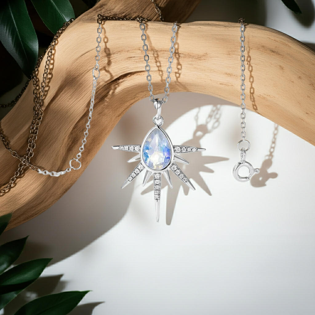 Collier pendentif galaxie en pierre de lune colorée taillée en poire