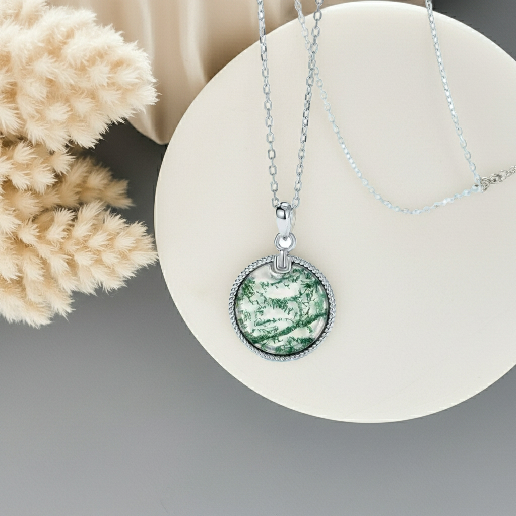 Sylvia Round Cut Moss Agate Vintage Necklace