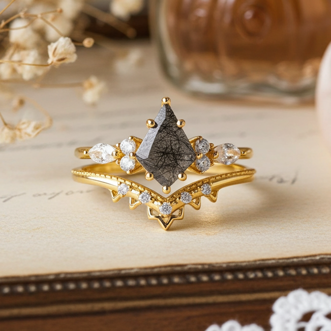 Kite Cut Black Rutilated Quartz Vintage Bridal Ring Set