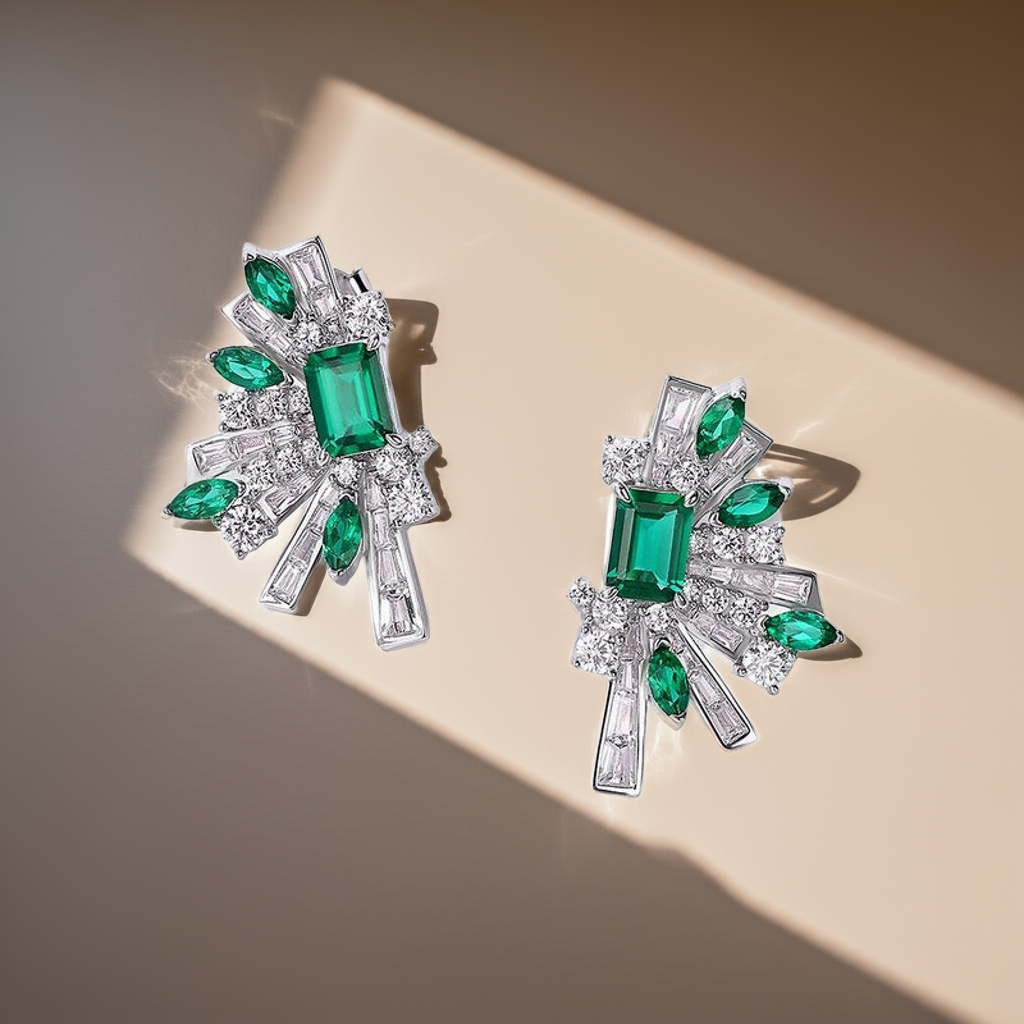Emerald Cut Lab Emerald Unique Stud Earrings