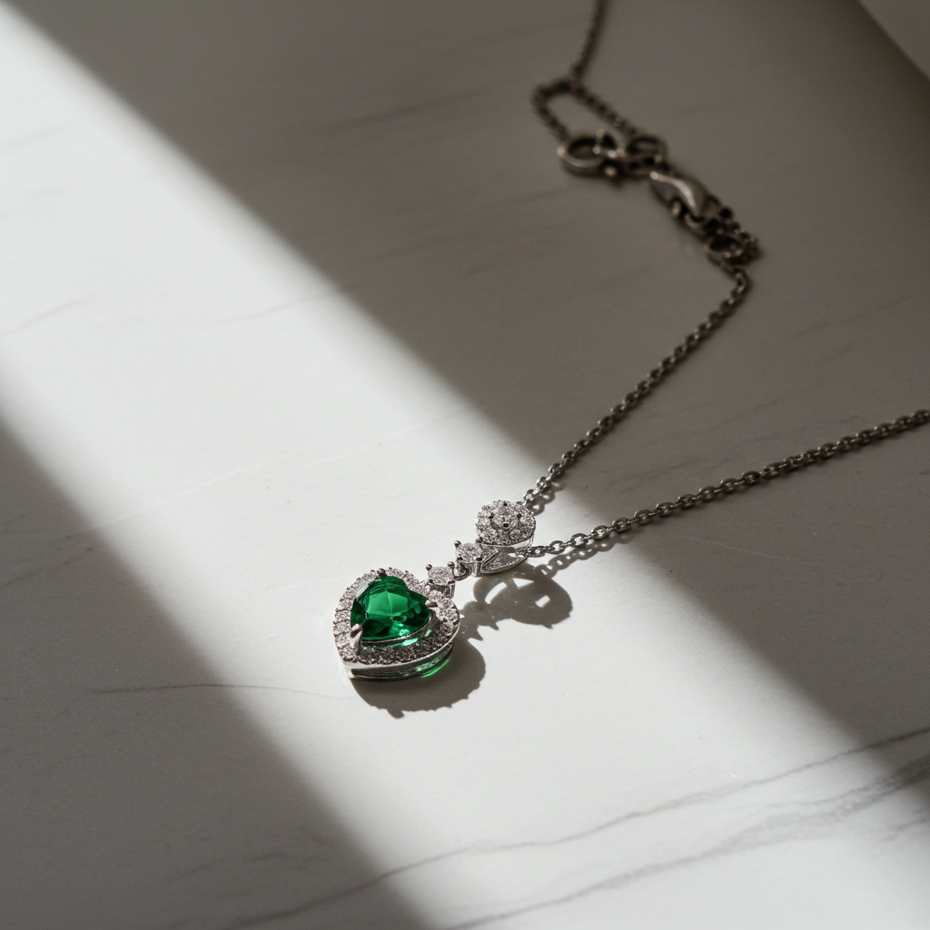 Pendentif halo en forme de cœur avec émeraude de laboratoire et émeraude de laboratoire