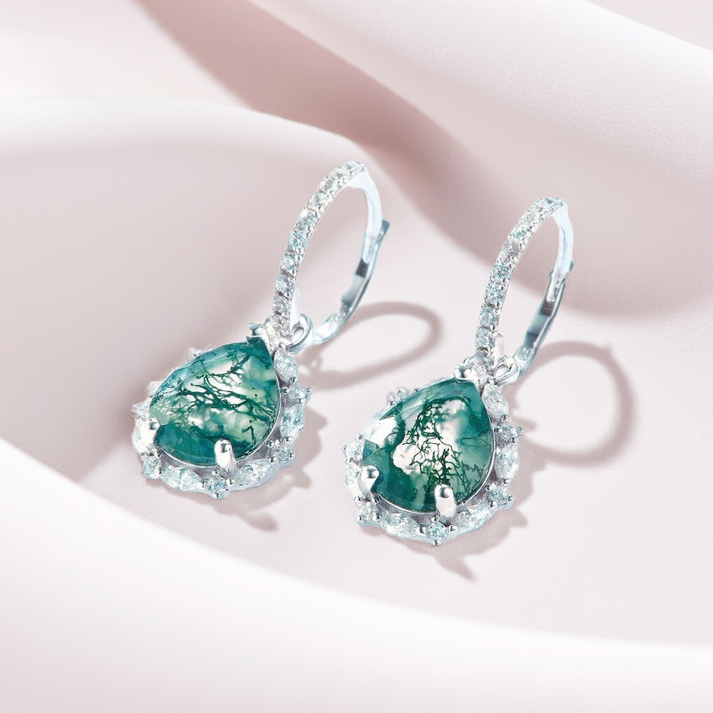 'Forest Halo' Pear Cut Moss Agate Halo Drop Earrings