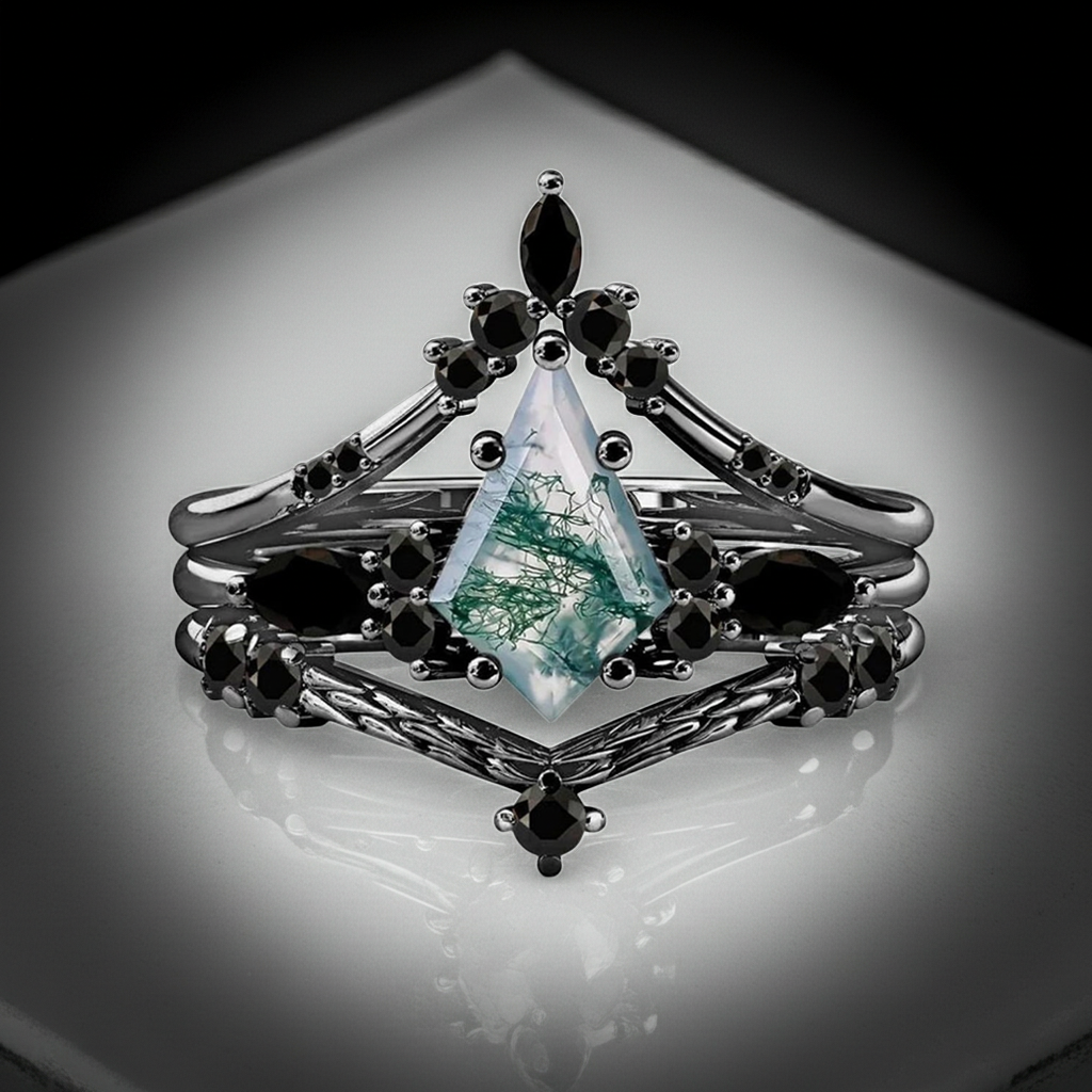 Black Gold Kite Cut Moss Agate Women Luxury Engagement Rings 3PCS